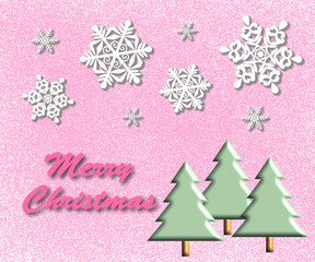 Christmas Trees and Snowflakes on Textured Pink Crayon-like Background