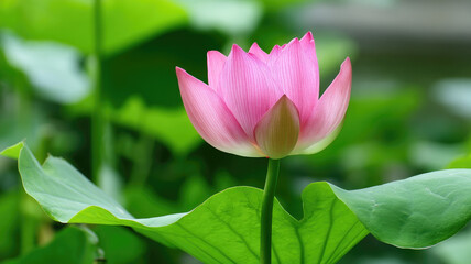 Obraz premium Pink lotus flower green leaf natural light summer outdoor peaceful blooming aquatic plant closeup vibrant color calm atmosphere nature freshness beauty