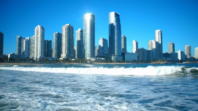 City skyline on beach with ocean waves shows modern urban life this is a very beautiful and sunny summer vacation this is a great travel and real estate concept this is a great scene