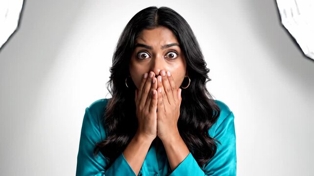Woman with hands over mouth looking shocked and surprised.