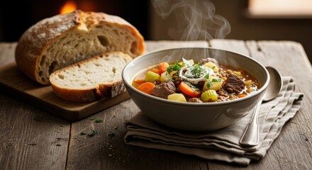 Warm bowl of hearty beef stew with vegetables and herbs, served alongside freshly baked bread on a rustic wooden table, evoking comfort and home-cooked meals