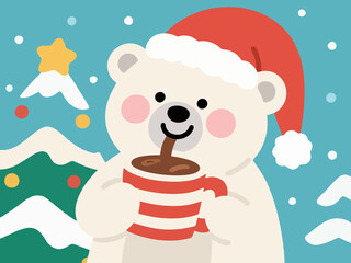 Cute Polar Bear with Hot Chocolate and Christmas Tree Background