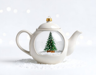 A charming and whimsical snow globe ornament, artfully placed within a classic white ceramic teapot, creating a unique holiday display, isolated on a bright background