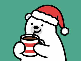 Kawaii Polar Bear with Cocoa Mug on Teal Green Background