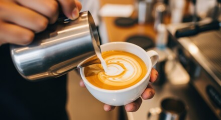 Barista pouring steamed milk into a white cup, creating intricate latte art, with coffee machine and utensils in the background, showcasing the art of coffee preparation
