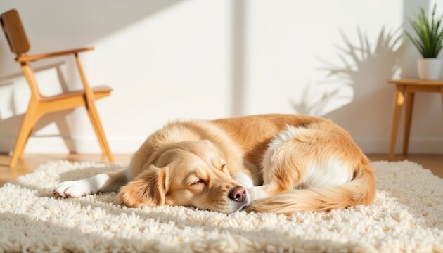 Golden retriever dog sleeping peacefully on fluffy rug in sunlight   - Powered by Adobe
