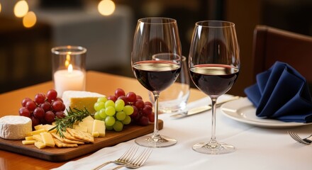 Elegant dining setup featuring two glasses of red wine, assorted cheeses, fresh grapes, and a candle, creating a warm and inviting atmosphere for a romantic evening