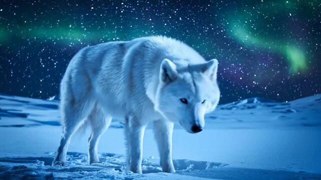 White wolf in arctic snow under northern lights shows beautiful wildlife this is a very majestic and powerful animal this is a great magical nature scene this is a great wild predator