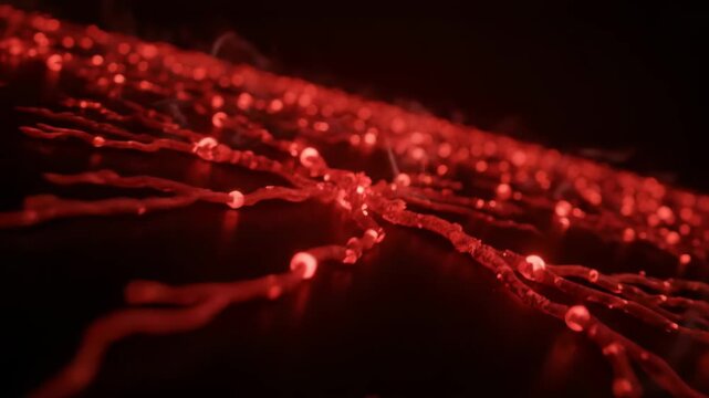 Red neuron cells under microscope show human brain system this is a very scientific and biological research concept this is a great medical and sci-fi art this is a great connection