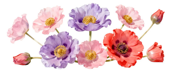 Realistic anemone flower set with pastel and vibrant colors isolated on transparent background, elegant botanical floral element collection
