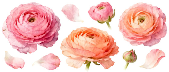 Realistic ranunculus flower set with layered petals isolated on clean transparent background, detailed floral element collection
