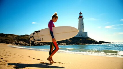 Surfer woman on sunny beach shows beautiful active lifestyle this is a very peaceful and happy summer vacation this is a great travel and sport concept this is a great ocean scene