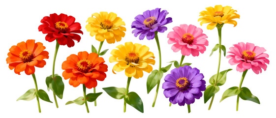Realistic zinnia flower set with colorful variations isolated on transparent background, vibrant summer floral element collection
