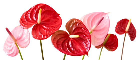 Realistic anthurium flower set with red and pink glossy spathes isolated on transparent background, tropical floral element collection

