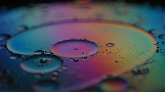 Abstract oil drops on water show beautiful iridescent liquid motion this is a very colorful and magical macro texture this is a great science and art concept this is a cool design