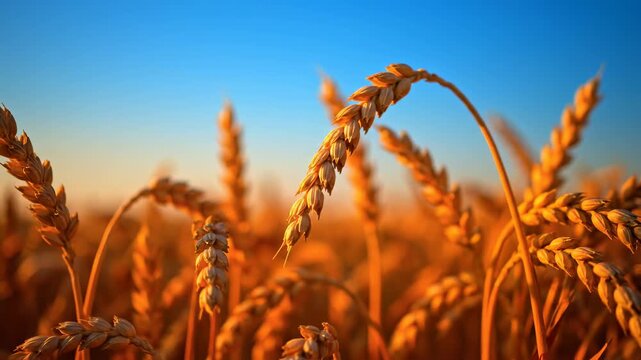 Golden wheat field at sunset shows beautiful ripe harvest this is a very rich and peaceful agriculture scene this is a great organic and natural food concept this is a great summer view
