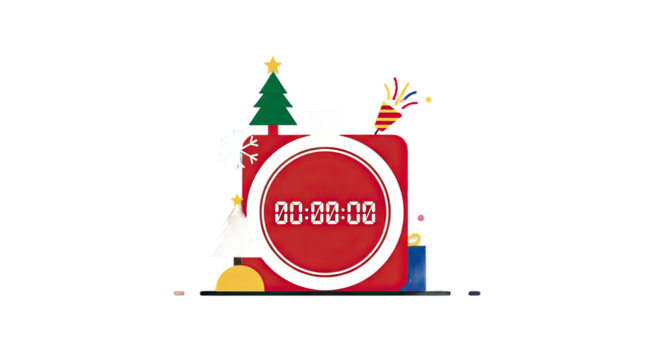 Festive Christmas countdown timer with a decorated tree, crackers, and gifts, all in a holiday theme.
