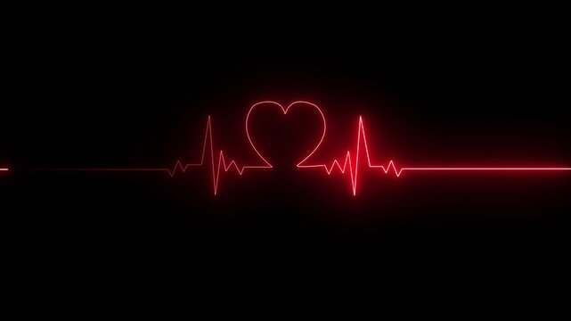 Neon sign heartbeat signal animation on black background. Glowing red color neon heartbeat icon. Heartbeat monitor EKG line monitor showing heart pulse. 4k video.