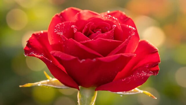 Red rose with dew drops shows beautiful romantic nature this is a very gentle and fresh flower closeup this is a great love and passion concept this is a very delicate summer moment