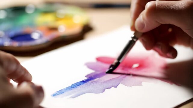 Artist hand paints with watercolor showing beautiful creative process this is a very gentle and artistic hobby this is a great inspiration and talent concept this is a great focused moment