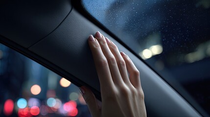 Woman's Hand Touching Car Dashboard At Night