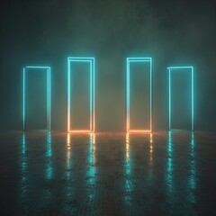 Neon Glowing Doors In Dark Foggy Space