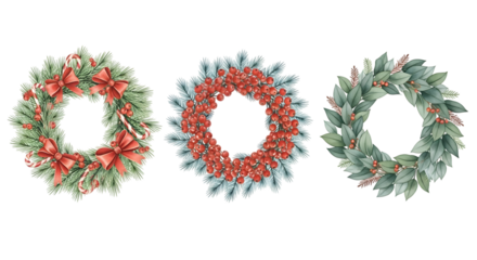 Three watercolor christmas wreaths, one decorated with red bows and candy canes, another with red berries, and the third with green leaves, isolated on transparent background