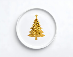 A pristine white plate featuring a dazzling golden glitter tree silhouette, artfully isolated against a clean white background, capturing minimalist holiday elegance