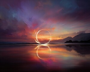 Colorful Sunset Beach Scene With Glowing Ring