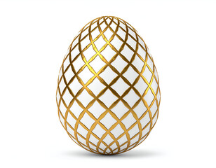 Elegant White Egg Ornament with Intricate Gold Crosshatch Pattern, Isolated on White Background