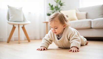 Fototapeta premium Toddler crawling on wooden floor in cozy living room environment 