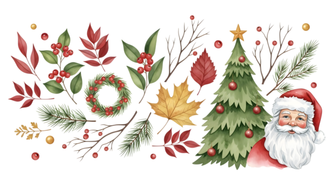 Watercolor illustration of christmas elements including santa claus, a decorated christmas tree, festive foliage, berries, and branches, isolated on transparent background