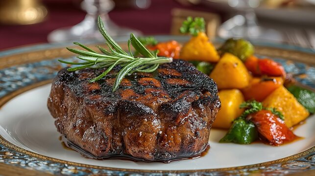 Grilled steak with vegetables and rosemary on decorative plate elegant setting.