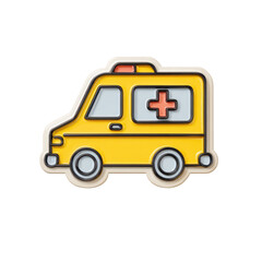A cartoonish yellow ambulance with a red cross, outlined in beige, on a transparent background