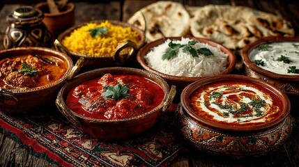 Assortment of indian food dishes including curry rice and bread on a table.