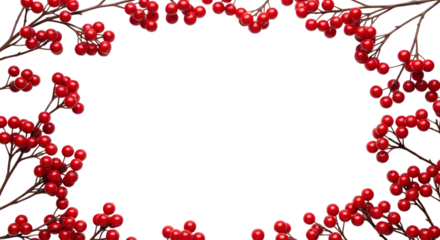 Red berries on branches forming a decorative frame, isolated on transparent background