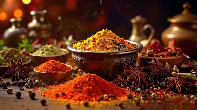 Vibrant Assortment of Aromatic Spices and Herbs for Culinary Delights, Rich Textures and Earthy Tones Creating an Exotic Kitchen Atmosphere
