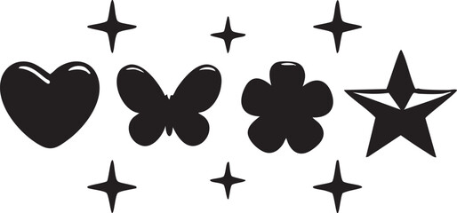 Black and white cute vector icons: heart, butterfly, flower, star, sparkles eps silhouette