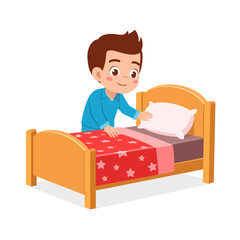 Young Boy Making Bed Wearing Pajamas with a Smile in Bedroom Cartoon Illustration