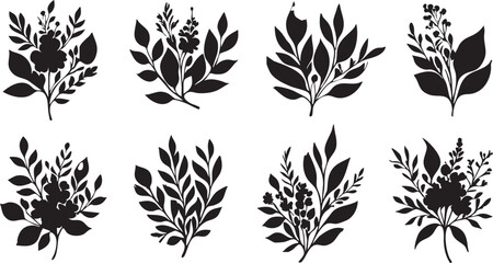 Black and white floral vector set: botanical silhouettes for design eps