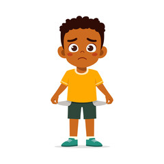 Sad African American Boy Showing Empty Pockets Standing Isolated on White Background