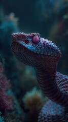 Closeup Purple Snake Head Underwater