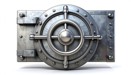 A sturdy, silver-colored vault door with a large, circular handle is centered on a white background, casting shadows