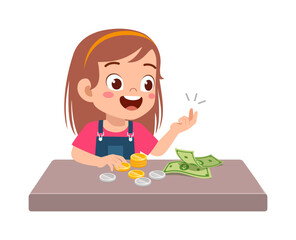 Happy Little Girl Counting Money Smiling Financial Literacy Concept Illustration
