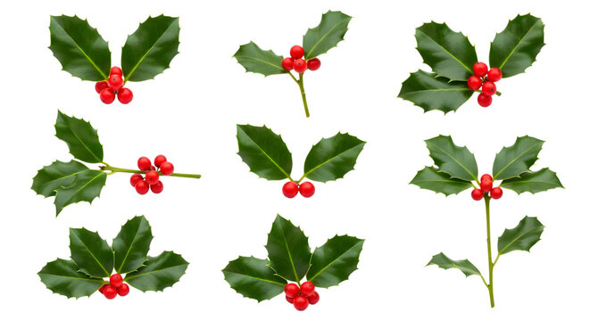 Collection of holly sprigs with red berries isolated on transparent background