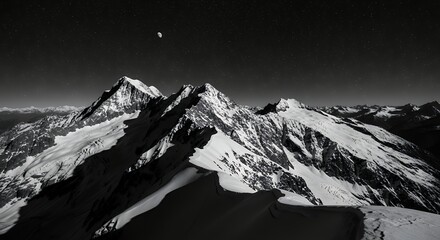 Majestic Himalayan Peaks Under a Distant Moon in Black and White.