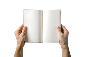 Two hands holding a blank white notebook, with light blue binding, cutout, PNG isolated on transparent background