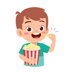 Happy Caucasian Boy Eating Popcorn Holding a Bucket of Popcorn and Looking Cheerful