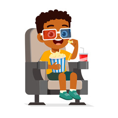 Happy African Boy Enjoying Movie with Popcorn and Soda Wearing 3D Glasses in Theater Seat