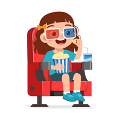 Happy Girl Wearing 3D Glasses Eating Popcorn and Drinking Soda in a Movie Theater Illustration